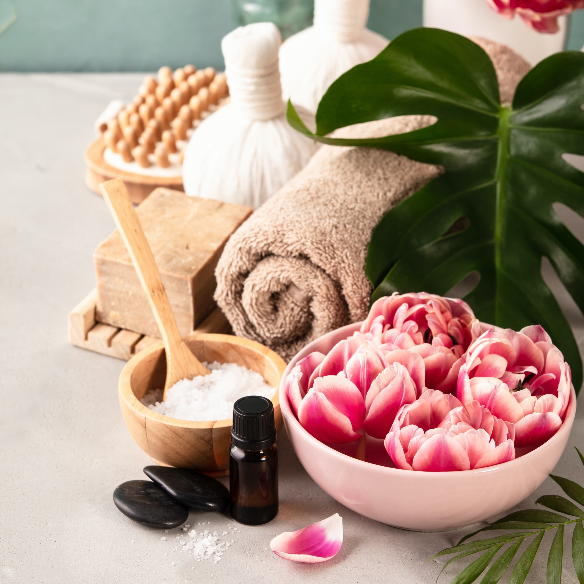 accessories for spa procedures natural ingredients and flowers